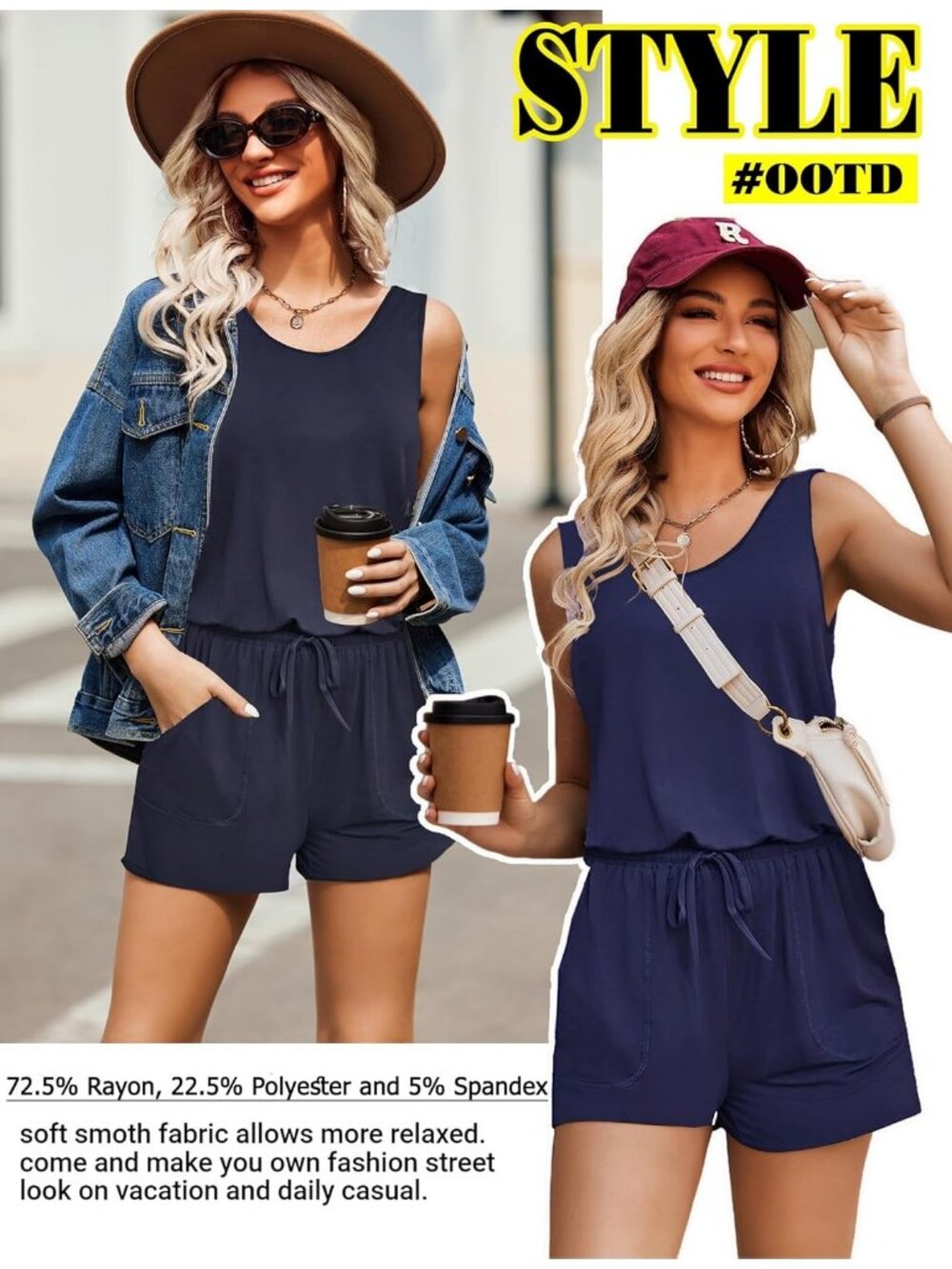 Women's Navy Blue Summer Sleeveless Scoop Neck Tank Top Casual Short Romper - Picture 5 of 6